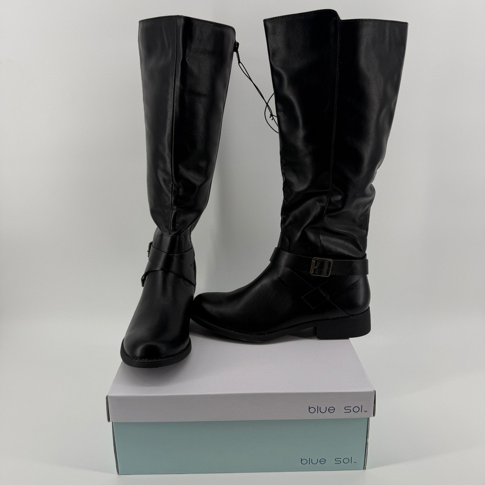 Blue Sol Jamie Black Tall Riding Boots Faux Leather Buckle Strap Womens 7.5 NIB